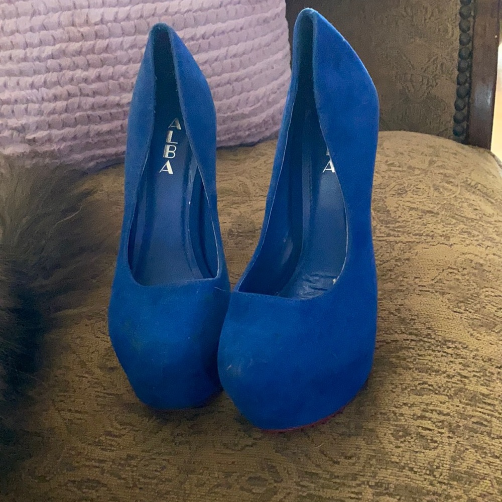 Blue suede high heels red bottoms